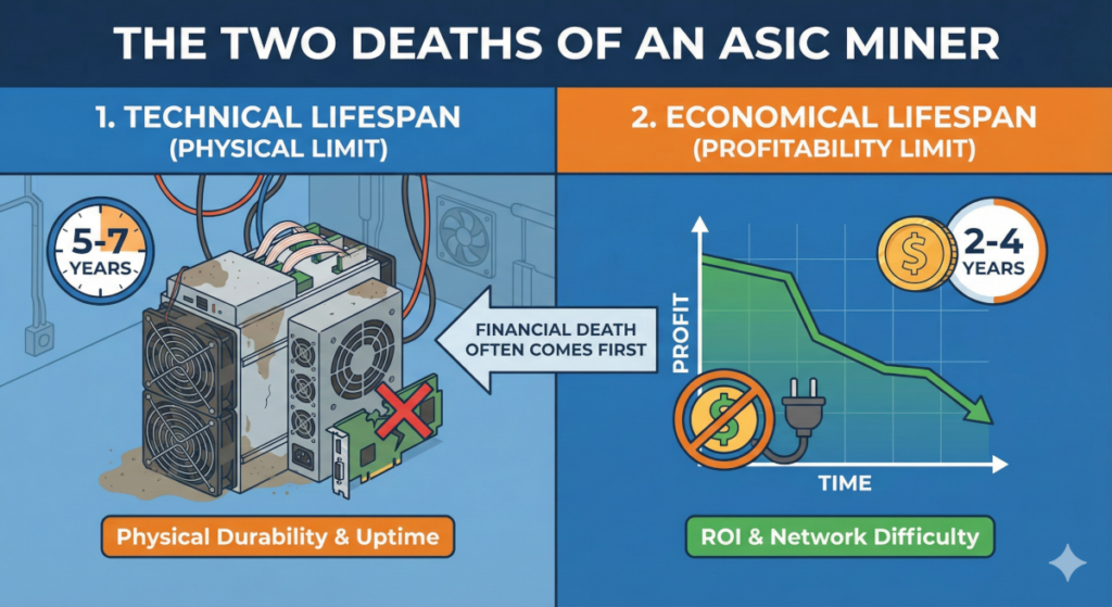 The two deaths of an ASIC Miner: Technical Lifespan 5-7 years. Economical Lifespan 2-4 years.
